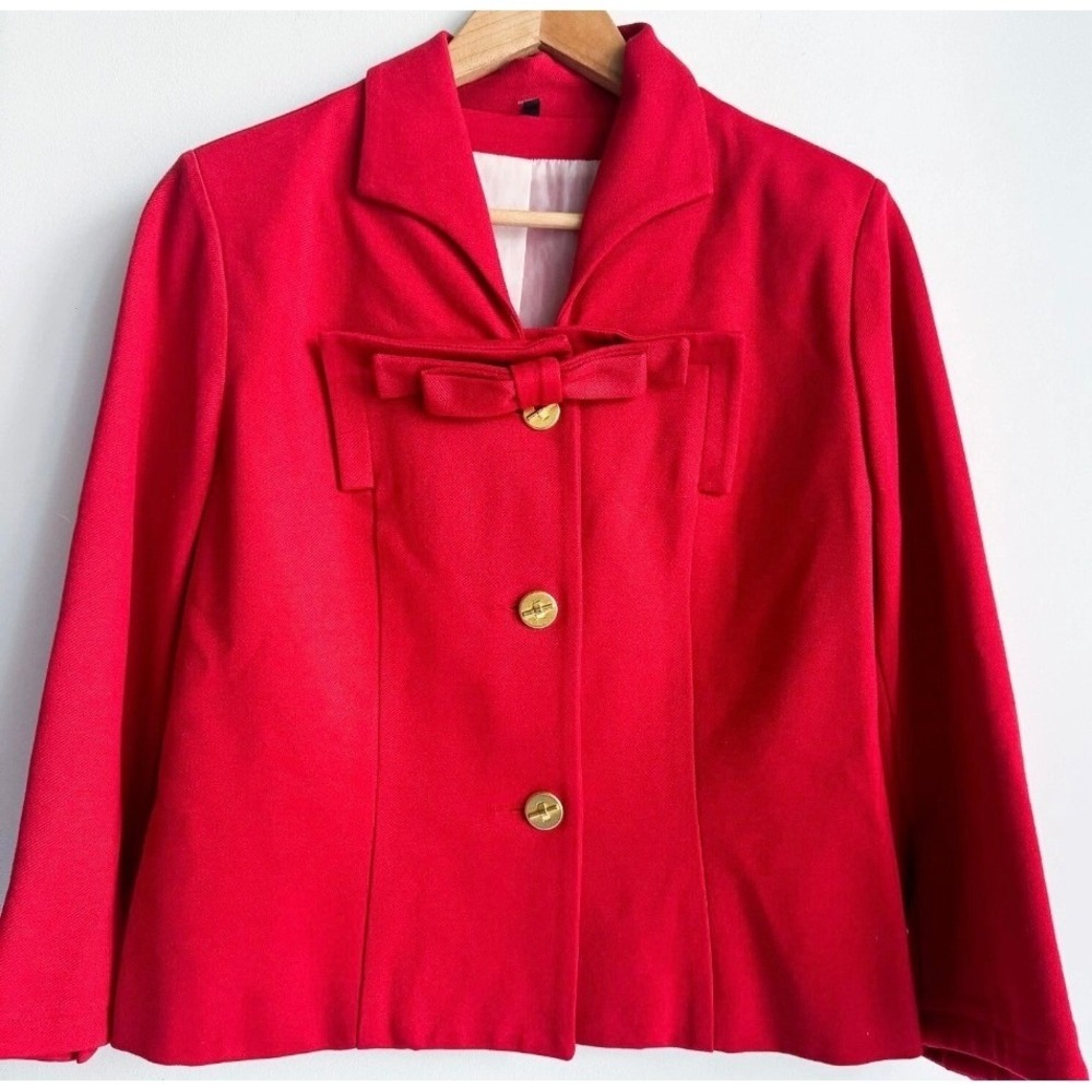 cabi Red Blazer Jacket Gold Button Bow Detail Women's 4 60's style inspired